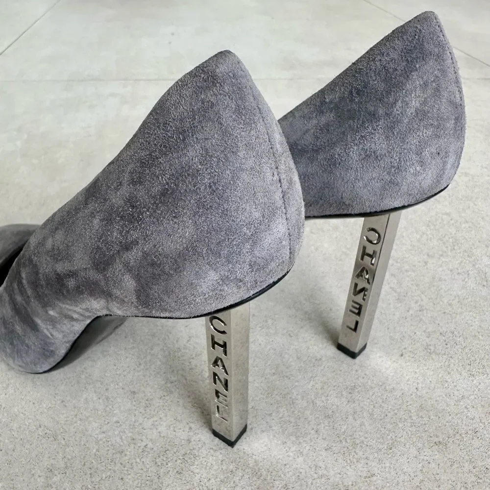 Chanel Logo Embossed Metallic High Heel Grey Suede Pumps EU 39 US 8-8.5